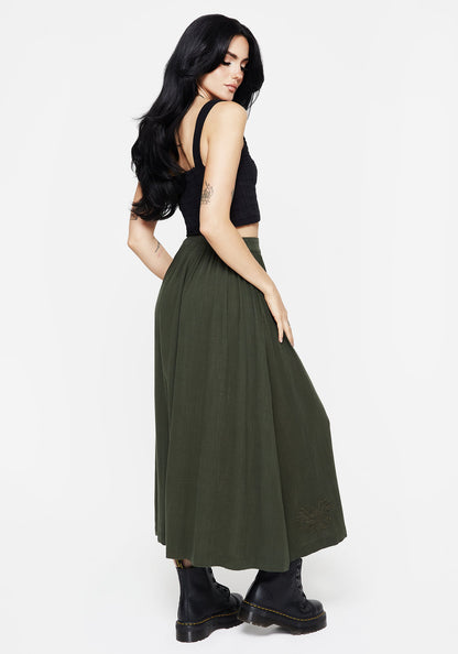 Foliate Linen-Blend Embroidered Button Up Midaxi Skirt - Green