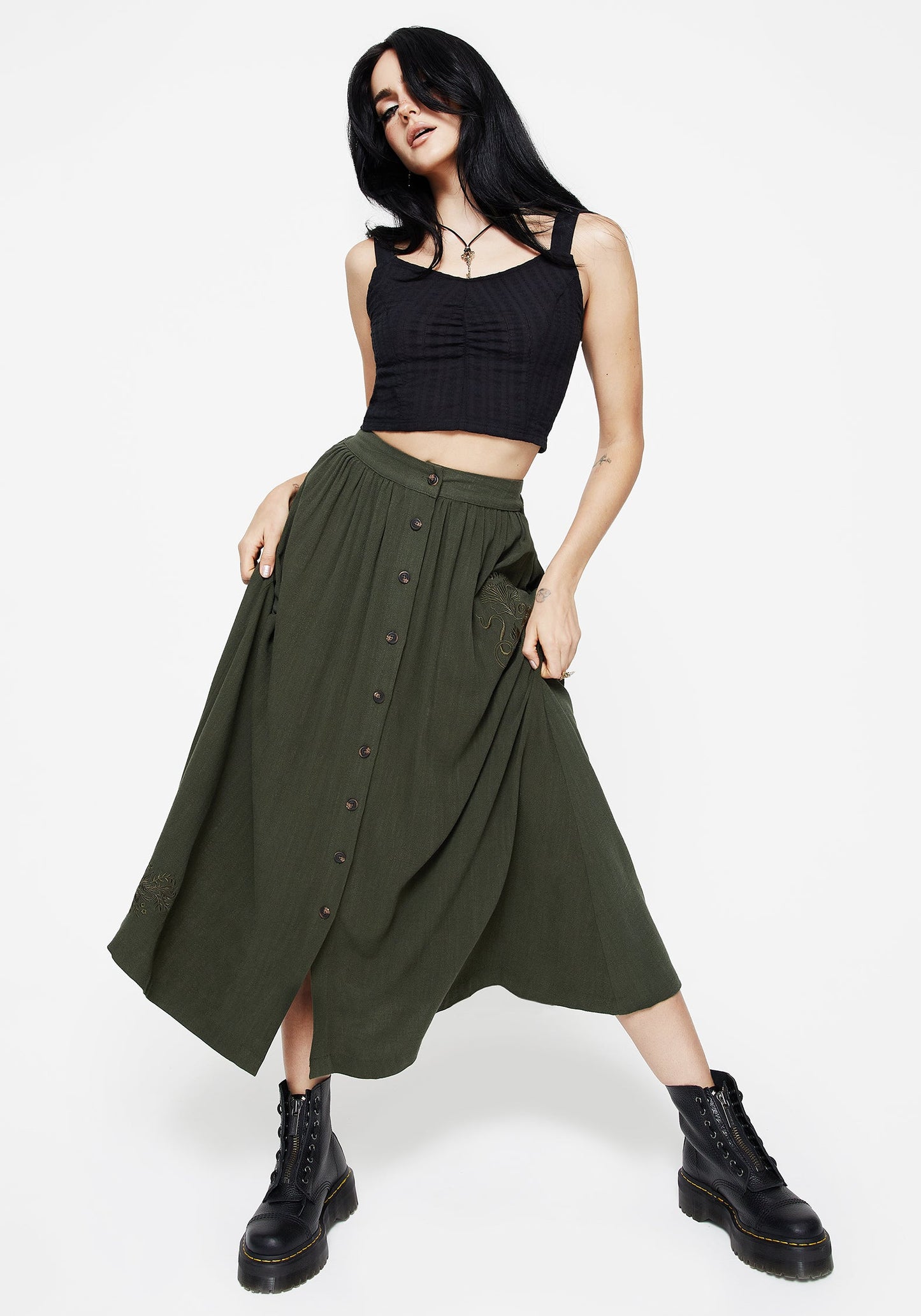Foliate Linen-Blend Embroidered Button Up Midaxi Skirt - Green