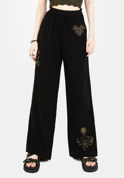 Foliate Linen-Blend Embroidered Wide Leg Trousers - Black