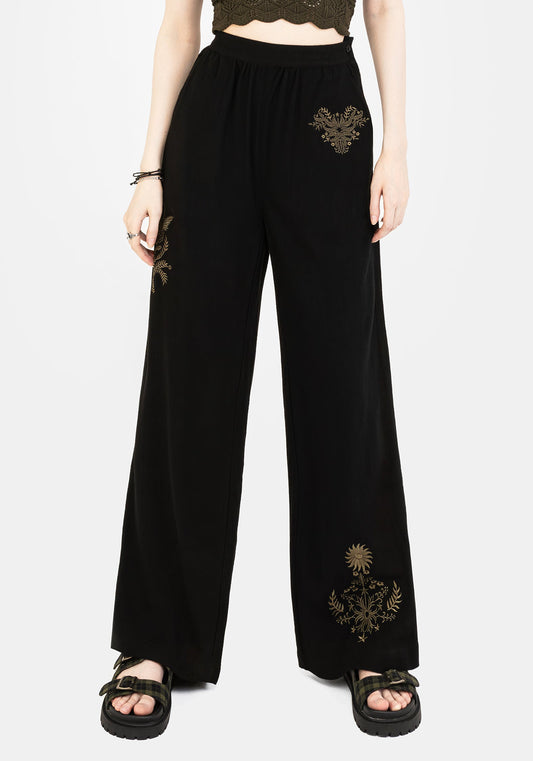 Foliate Linen-Blend Embroidered Wide Leg Trousers - Black