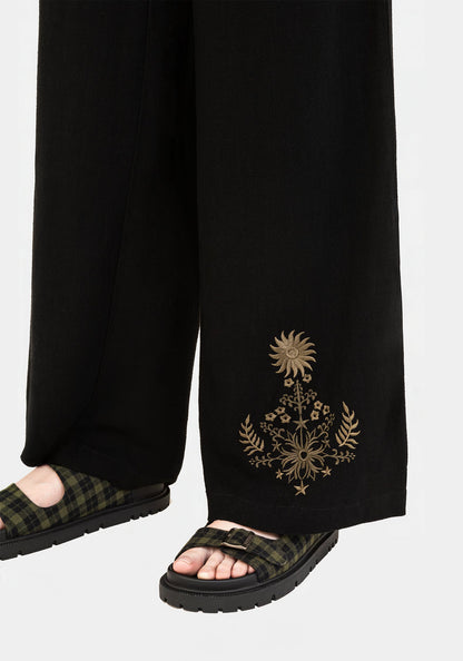 Foliate Linen-Blend Embroidered Wide Leg Trousers - Black