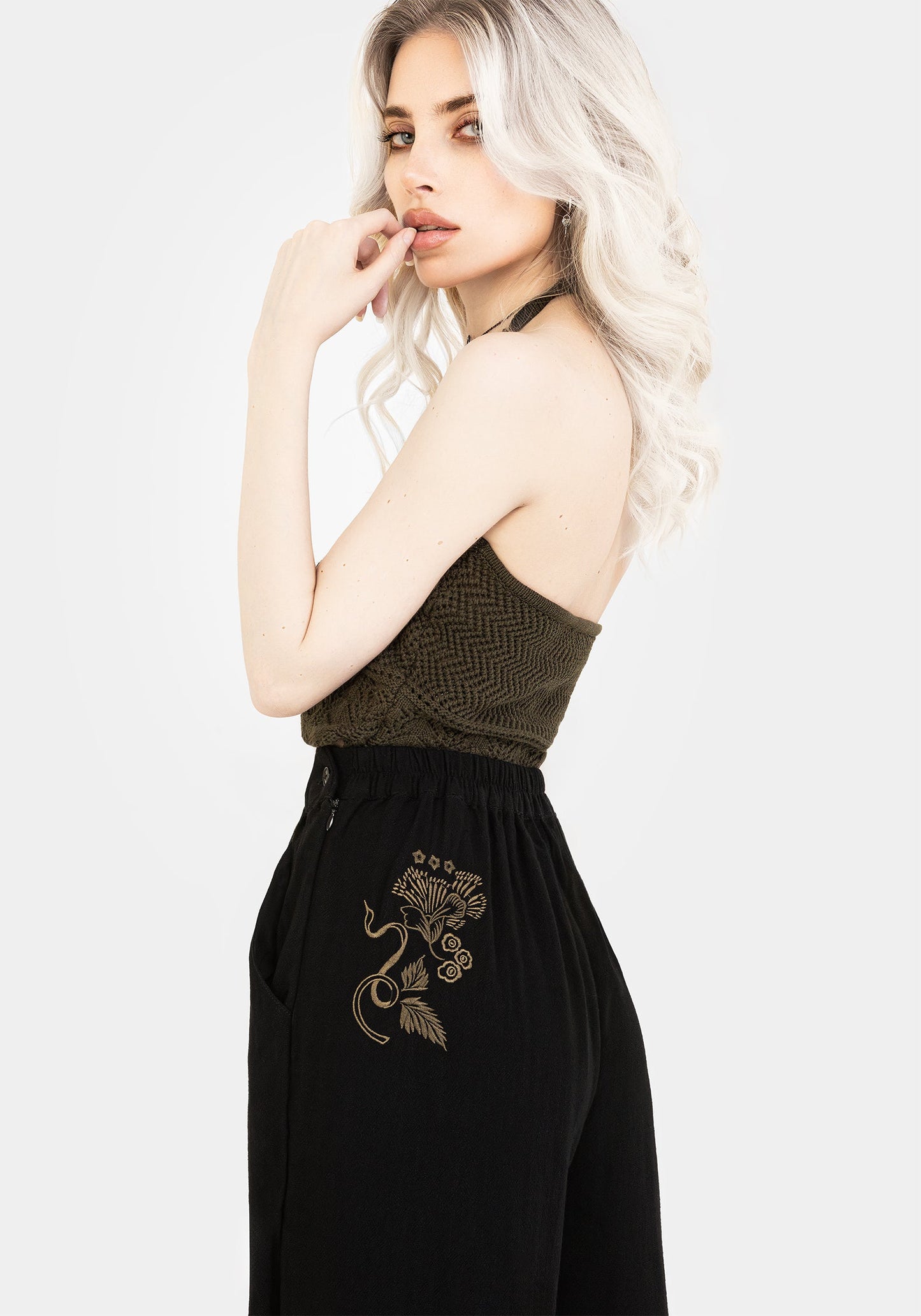 Foliate Linen-Blend Embroidered Wide Leg Trousers - Black