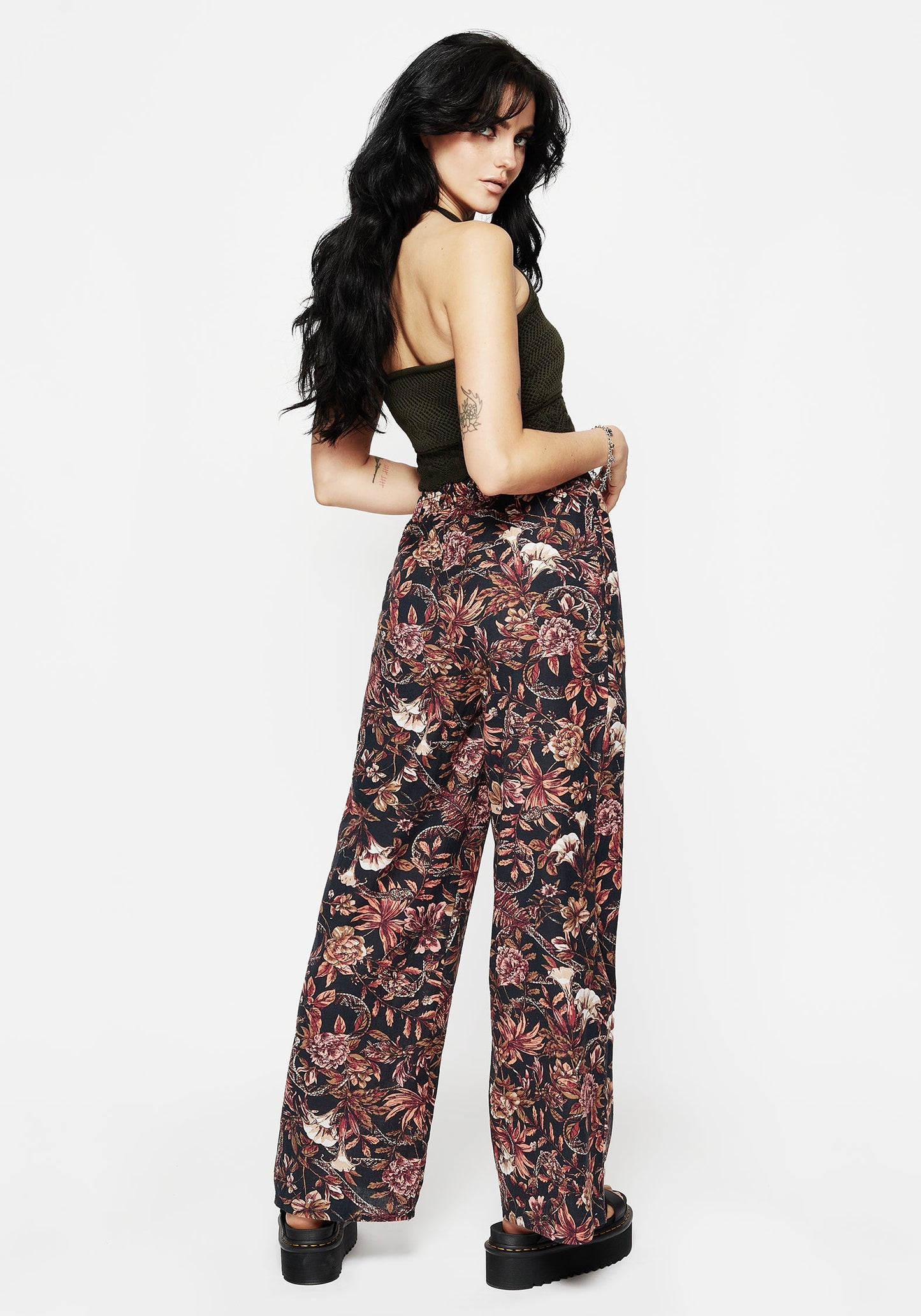 Bashe Cotton Floral Snake Print Wide Leg Trousers