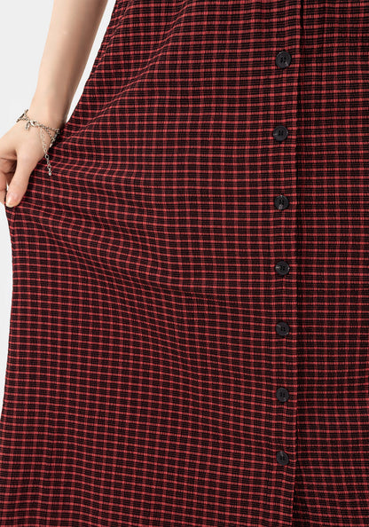Carmine Textured Check Button Up Midaxi Skirt
