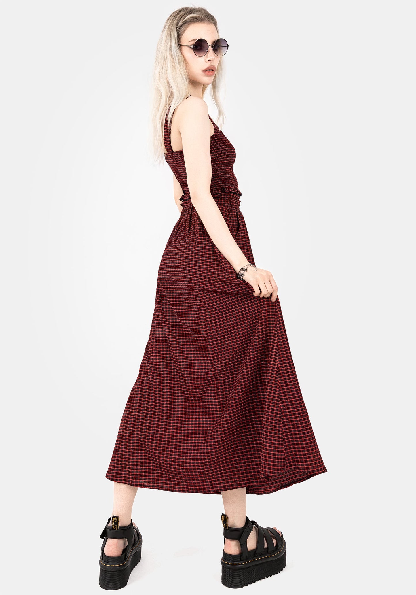 Carmine Textured Check Button Up Midaxi Skirt