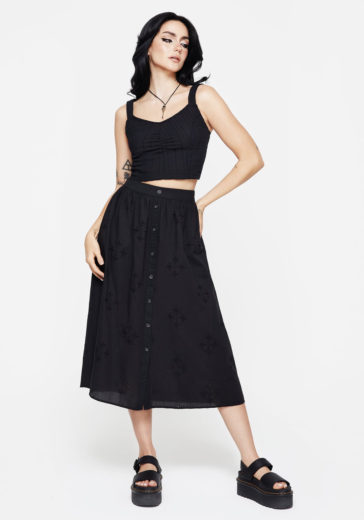 Crux Broiderie Cotton Button Up Midi Skirt