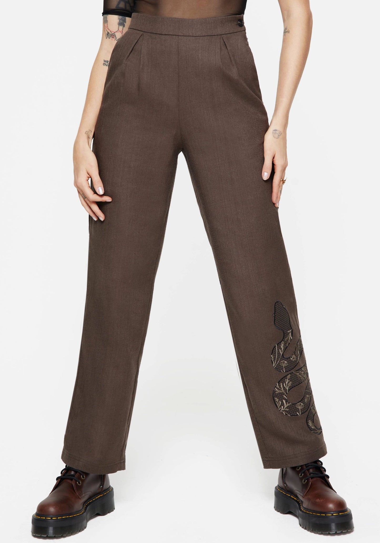 Gaia Linen Blend Snake Embroidered Wide Leg Trouser