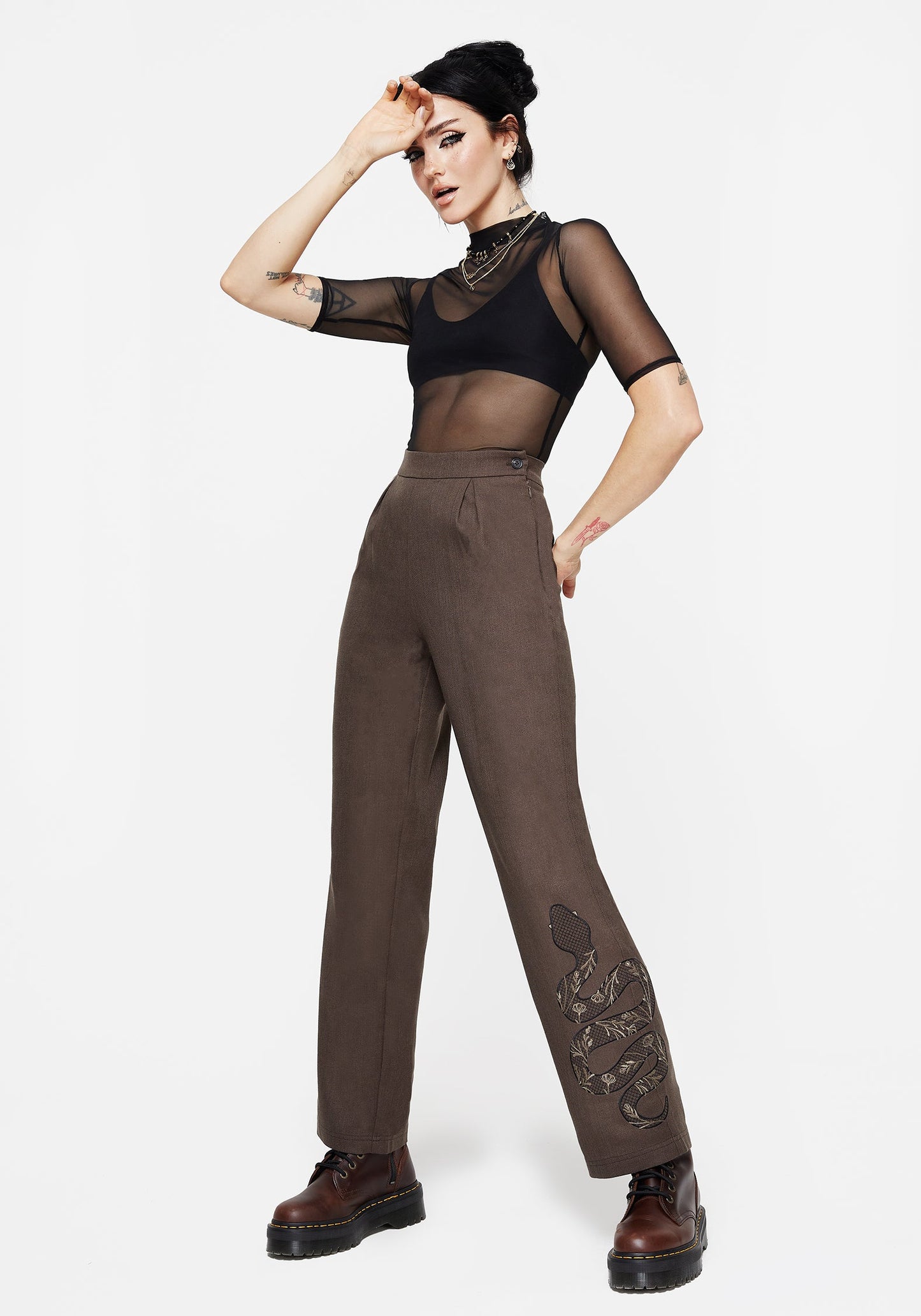 Gaia Linen Blend Snake Embroidered Wide Leg Trouser