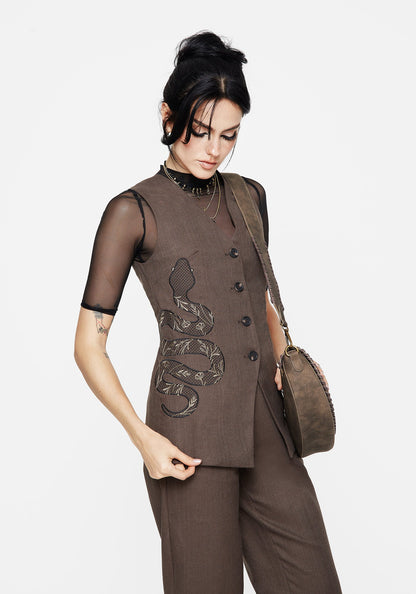 Gaia Linen Blend Snake Embroidered Longline Waistcoat