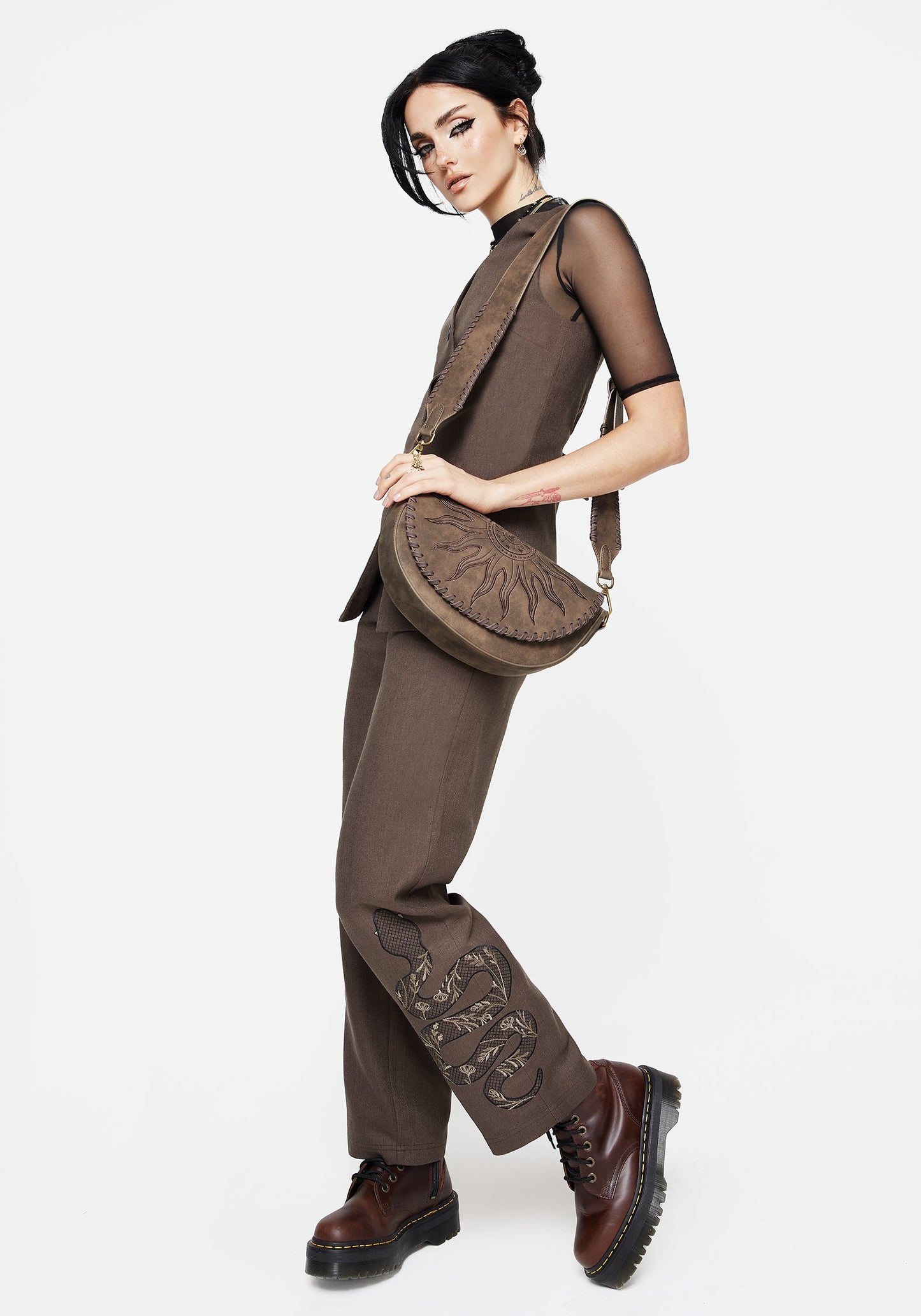 Gaia Linen Blend Snake Embroidered Wide Leg Trouser