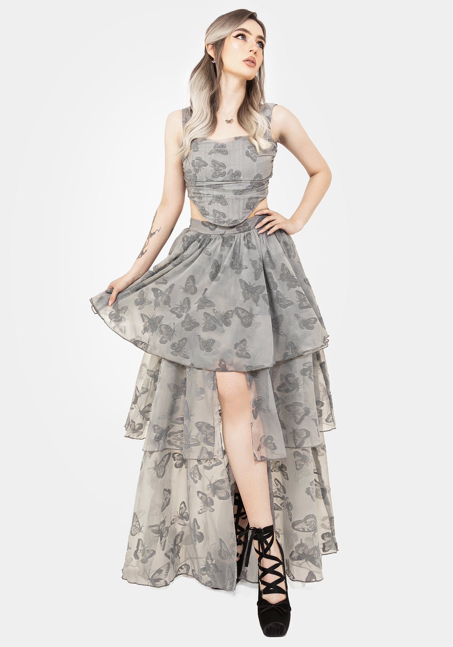 Vanessa Butterfly Print Organza Front Split Tiered Maxi Skirt