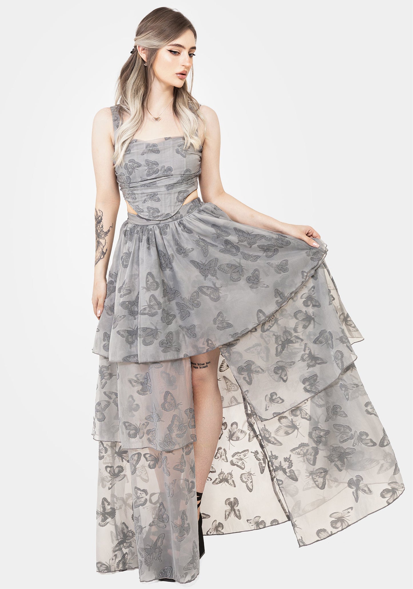 Vanessa Butterfly Print Organza Front Split Tiered Maxi Skirt