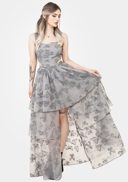 Vanessa Butterfly Print Organza Front Split Tiered Maxi Skirt