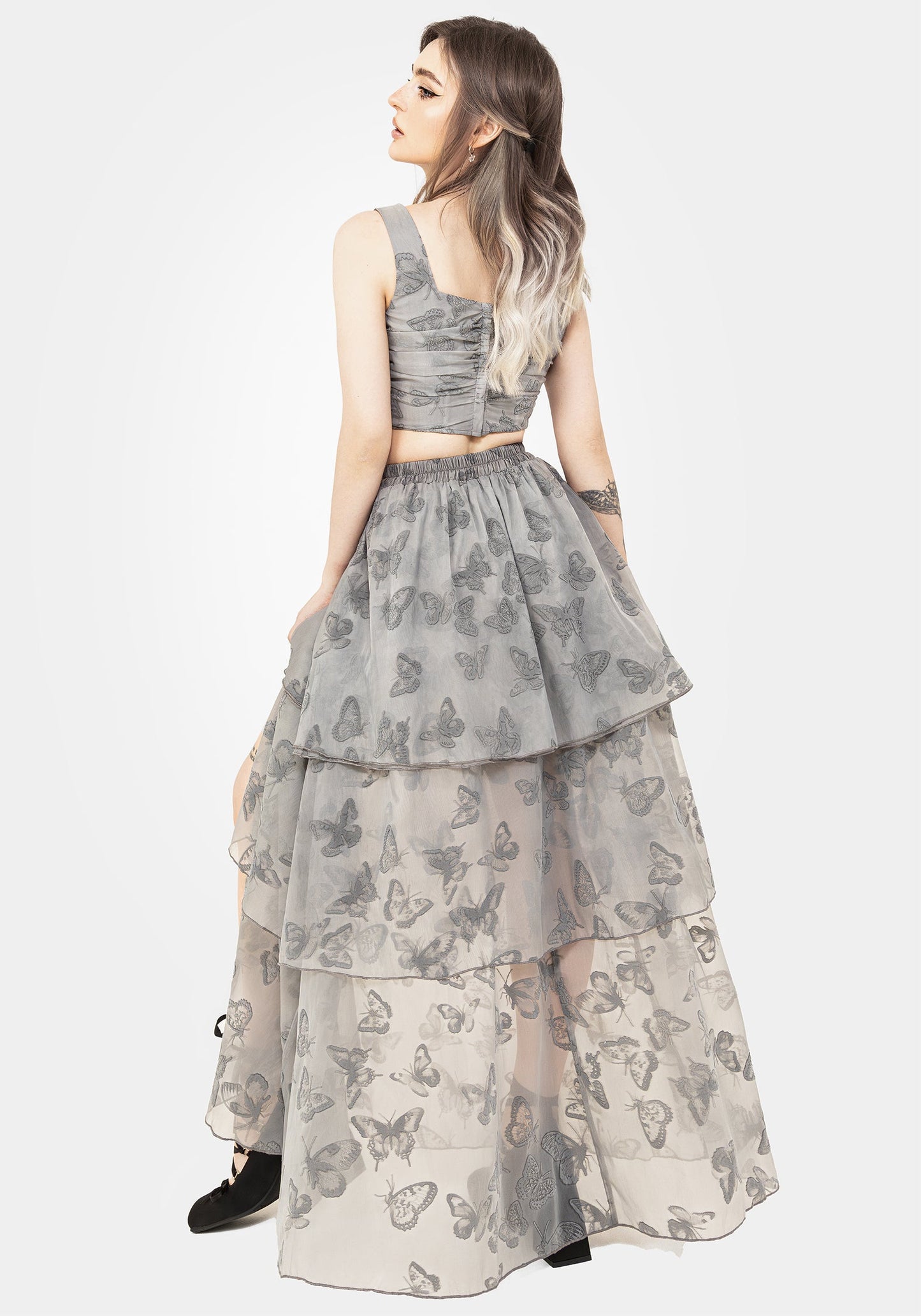 Vanessa Butterfly Print Organza Front Split Tiered Maxi Skirt