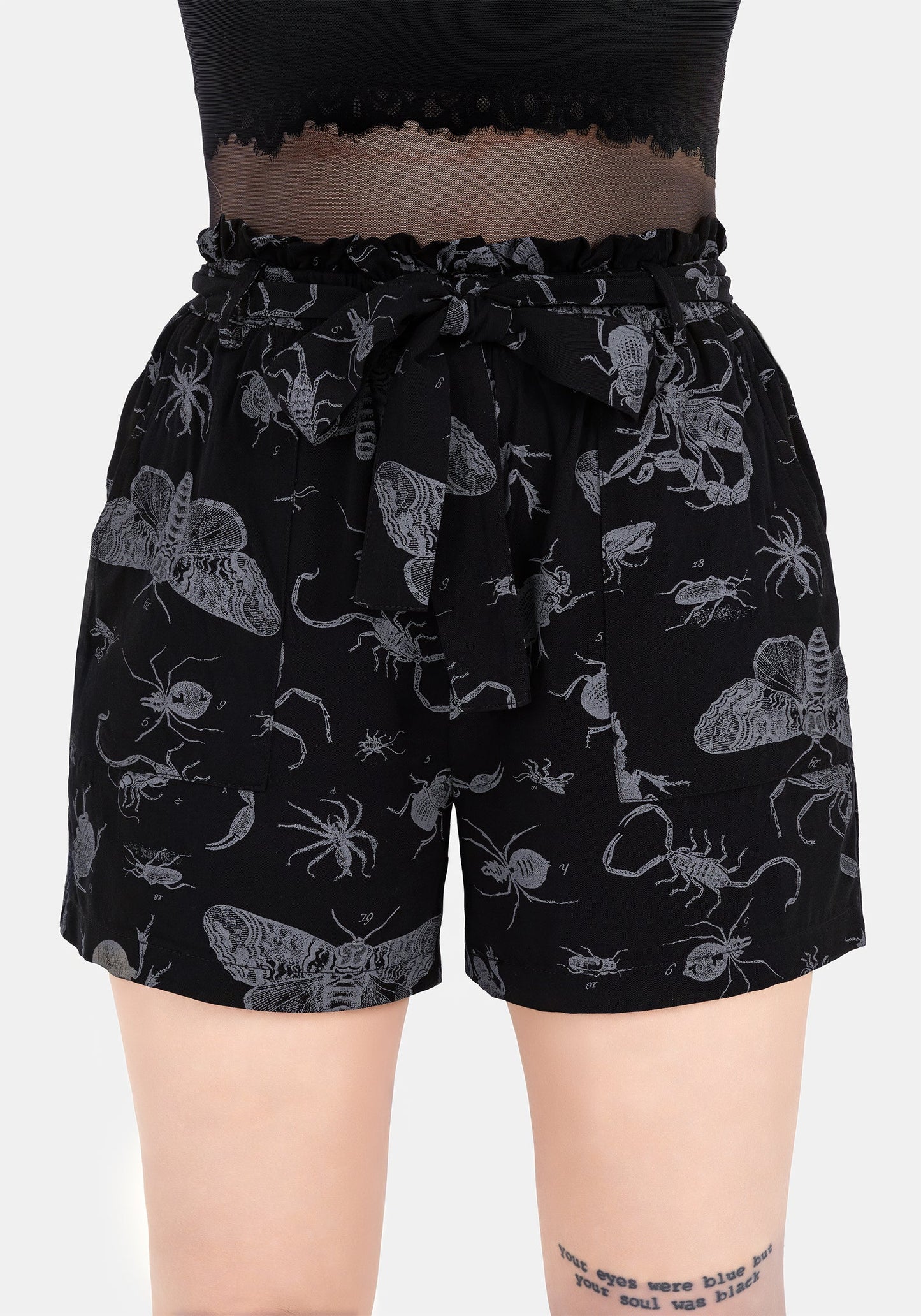 Parasite Bugs Tie Waist Paperbag Shorts - Black