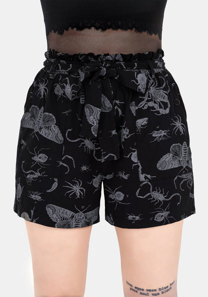 Parasite Bugs Tie Waist Paperbag Shorts - Black