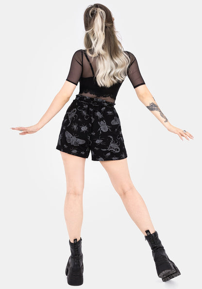 Parasite Bugs Tie Waist Paperbag Shorts - Black