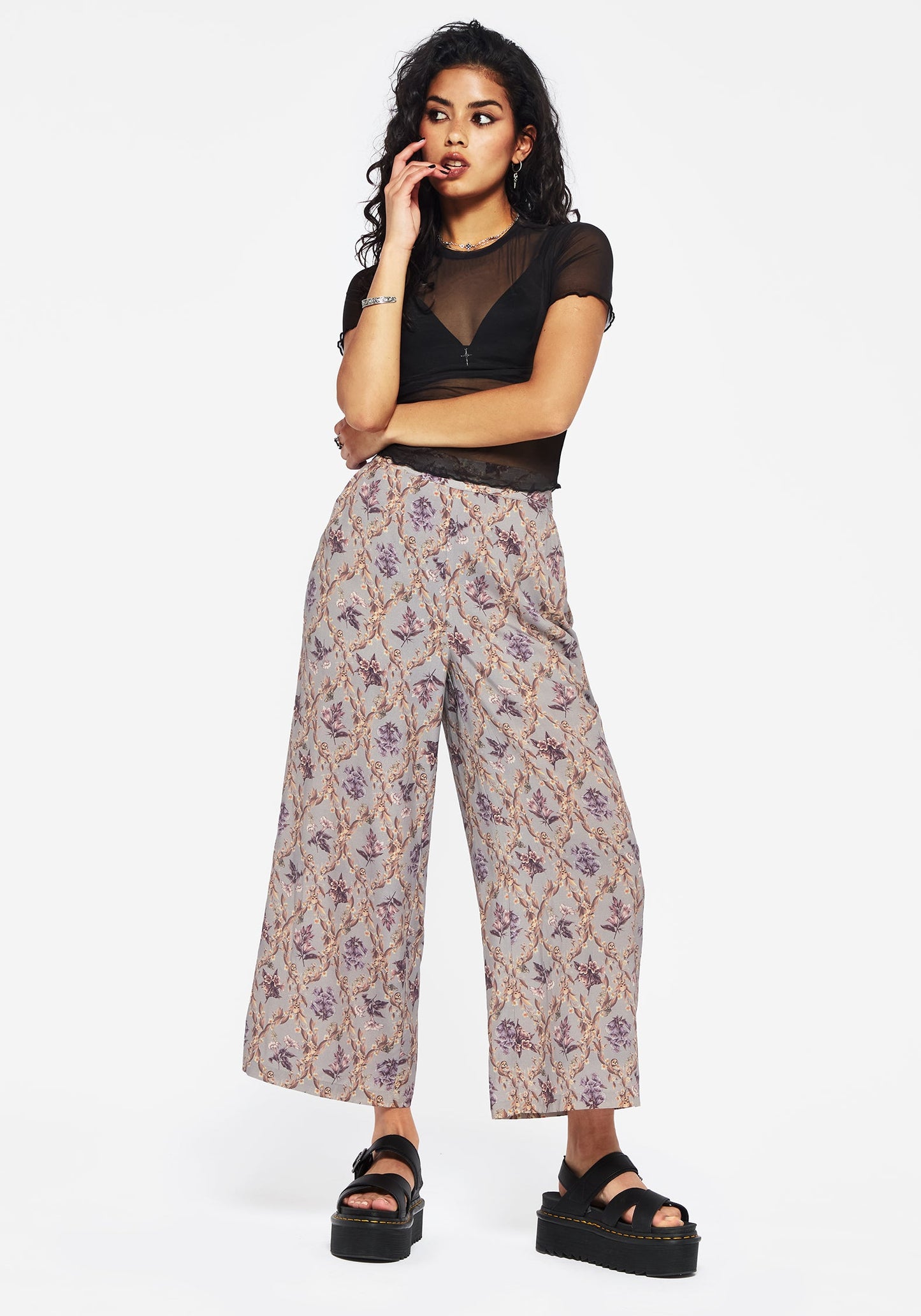 Blossom Floral Tile Printed Wide Leg Culotte Trousers