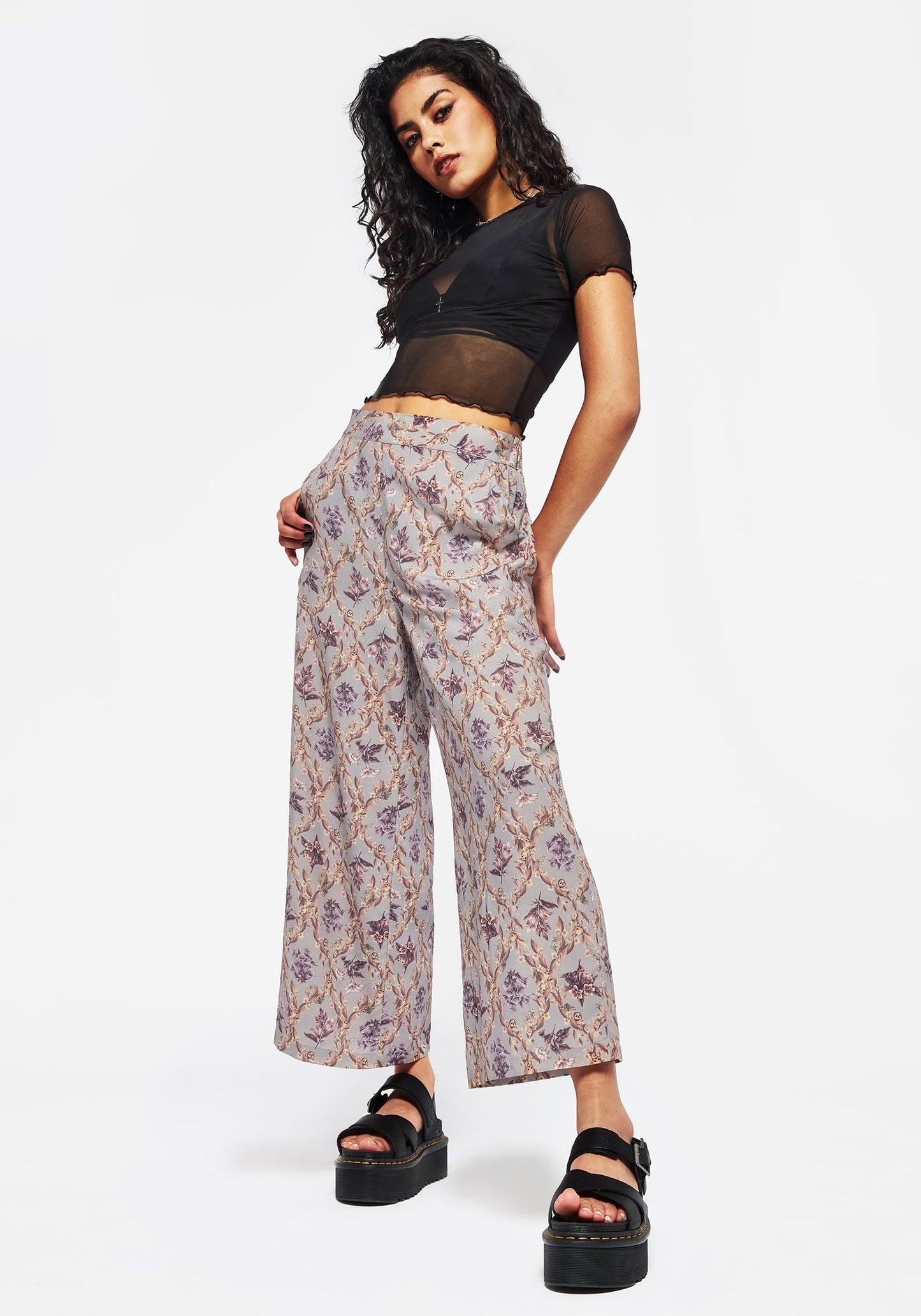 Blossom Floral Tile Printed Wide Leg Culotte Trousers