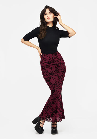 Prickle Thorn Print Mesh Mermaid Maxi Skirt