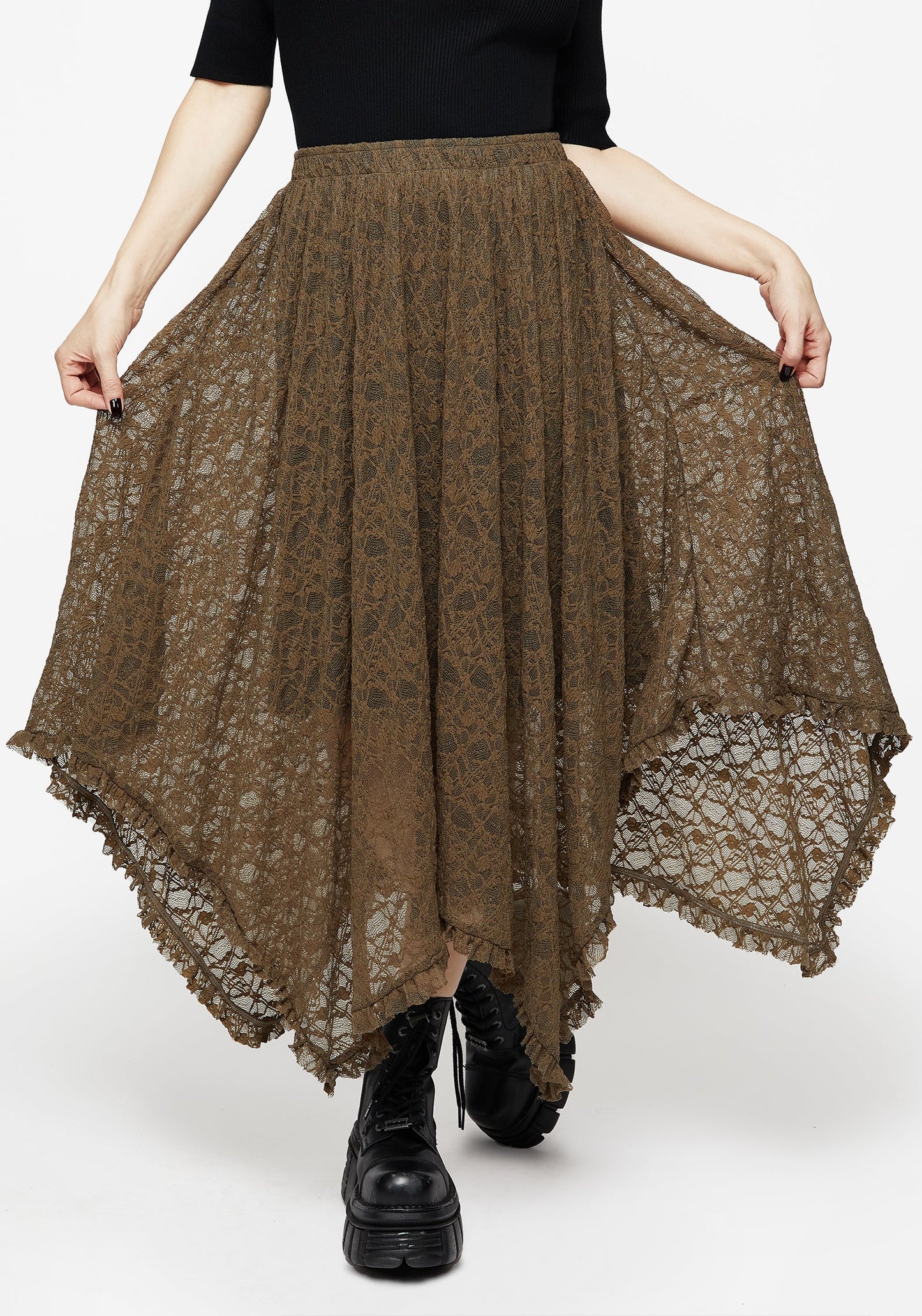 Myrtle Floral Lace Handkerchief Hem Midi Skirt