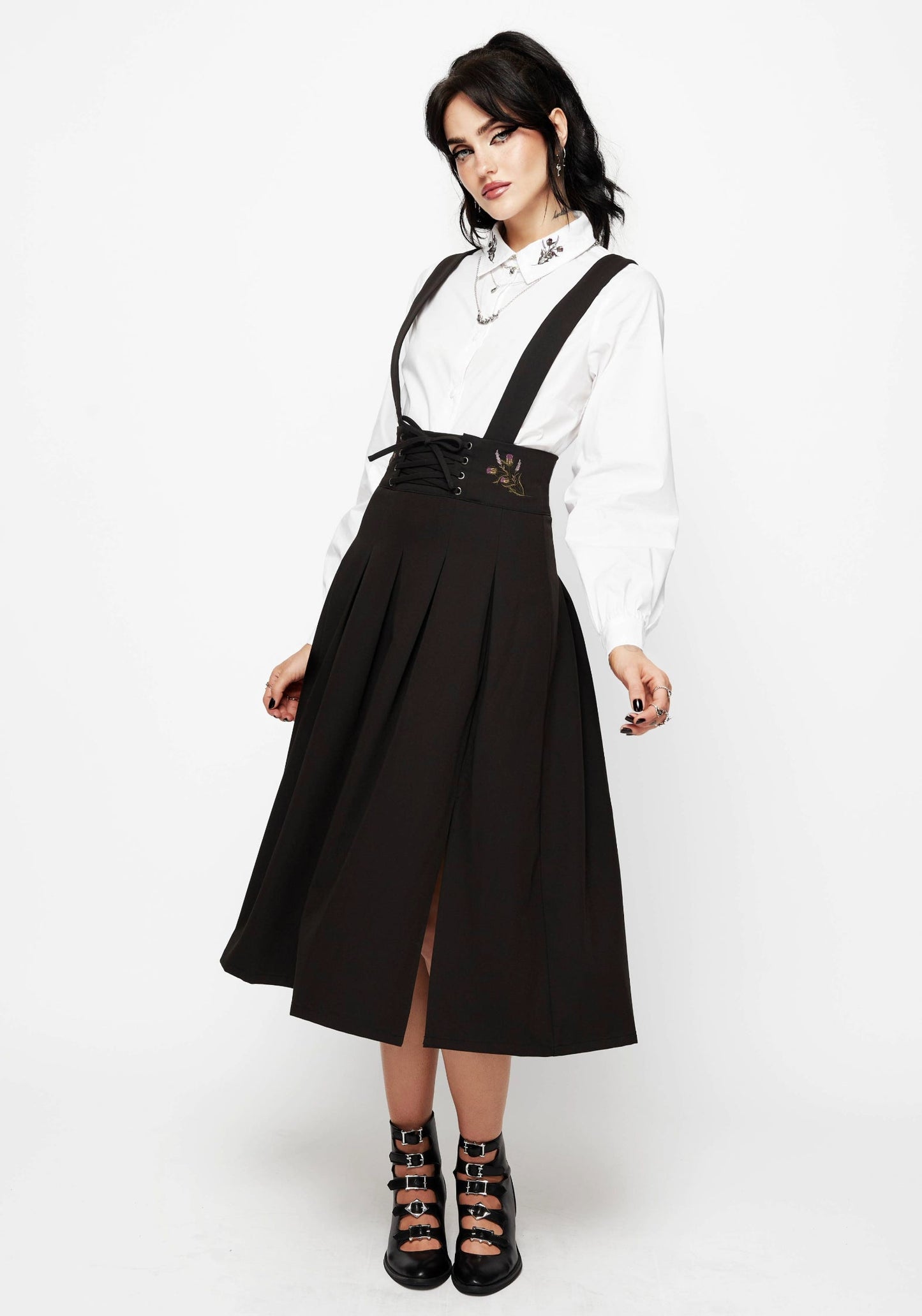 Despair Thistle Embroidered Tailored Pleated Pinafore Midi Skirt