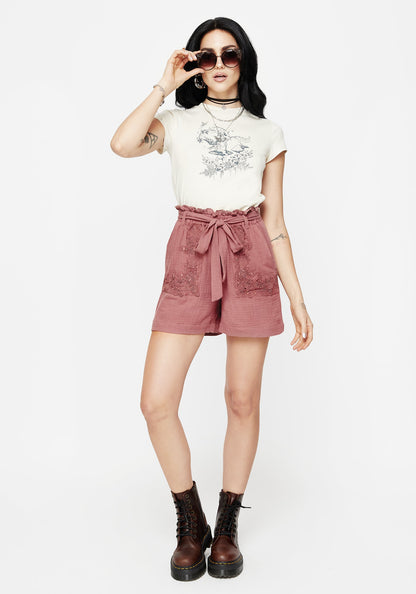 Rosamoth Applique Trim Cotton Tie Waist Shorts