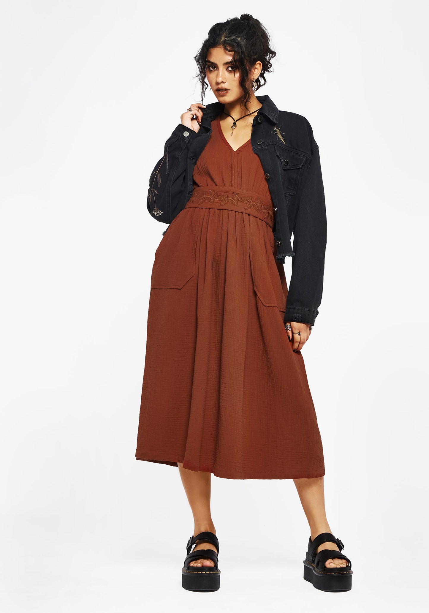 Tiana Cotton Applique Trim Midi Dress