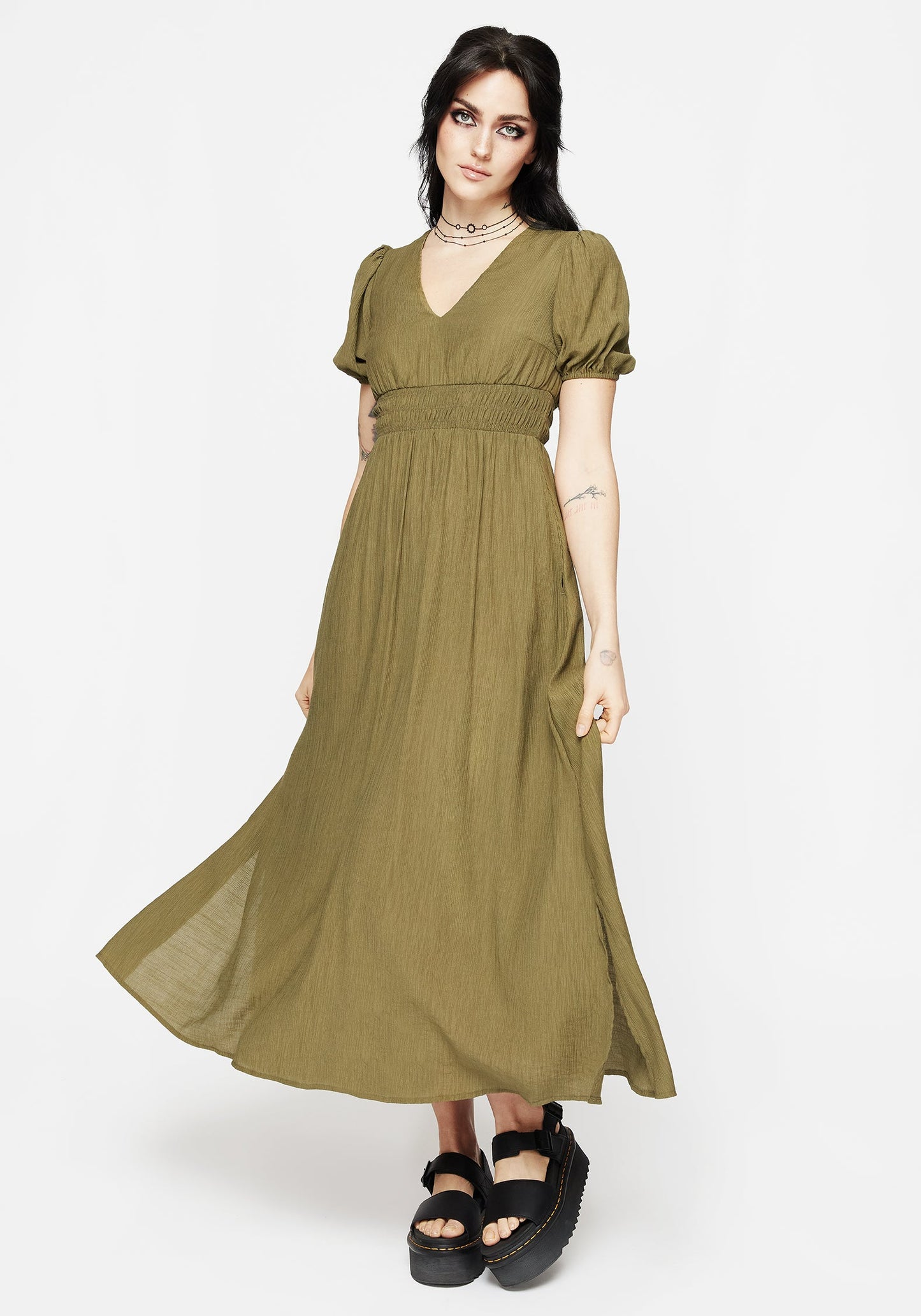 Tryphena Shirred V Neck Midaxi Dress