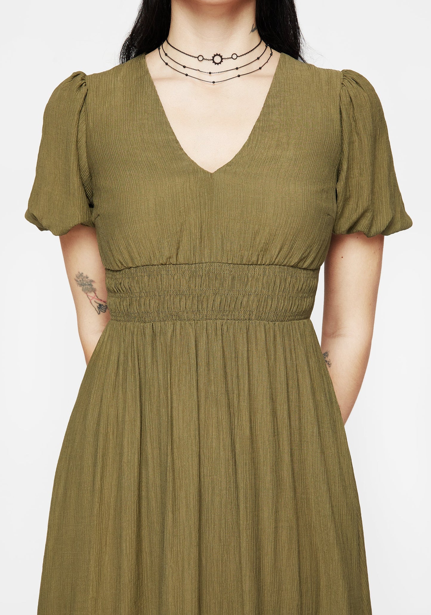 Tryphena Shirred V Neck Midaxi Dress