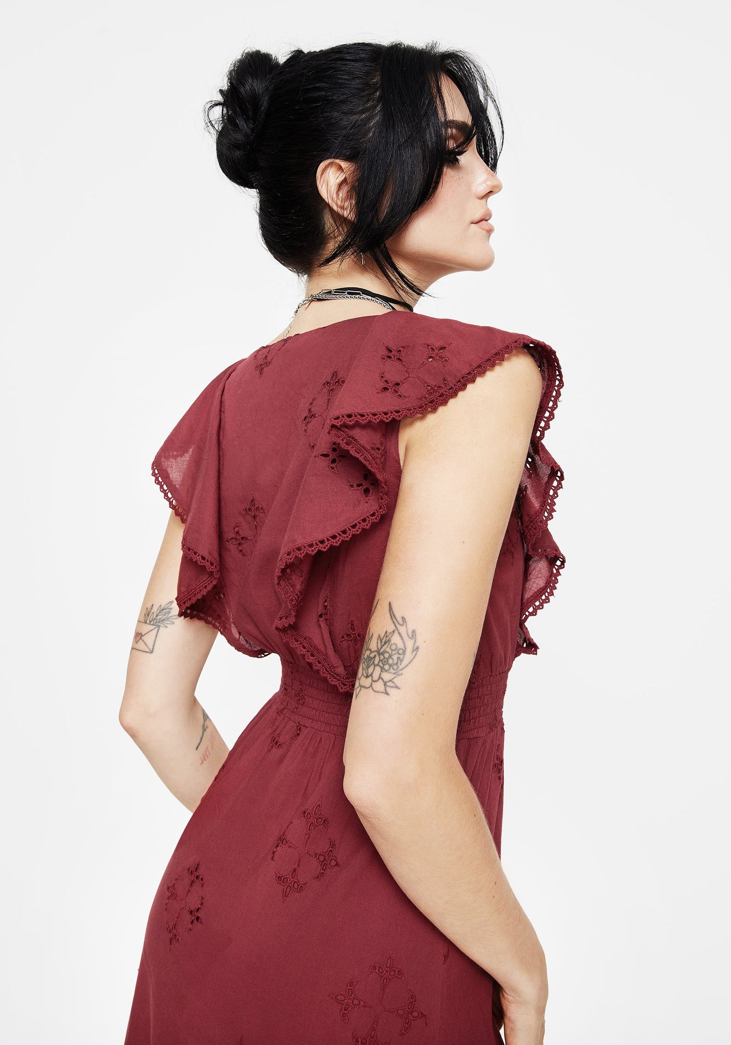 Crux Broderie Cotton V-Neck Frill Maxi Dress