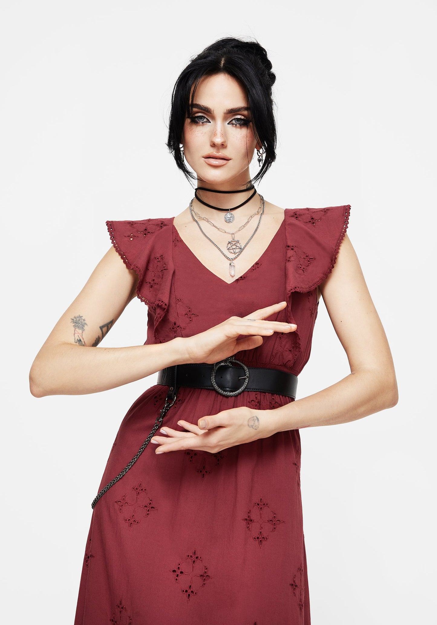 Crux Broderie Cotton V-Neck Frill Maxi Dress