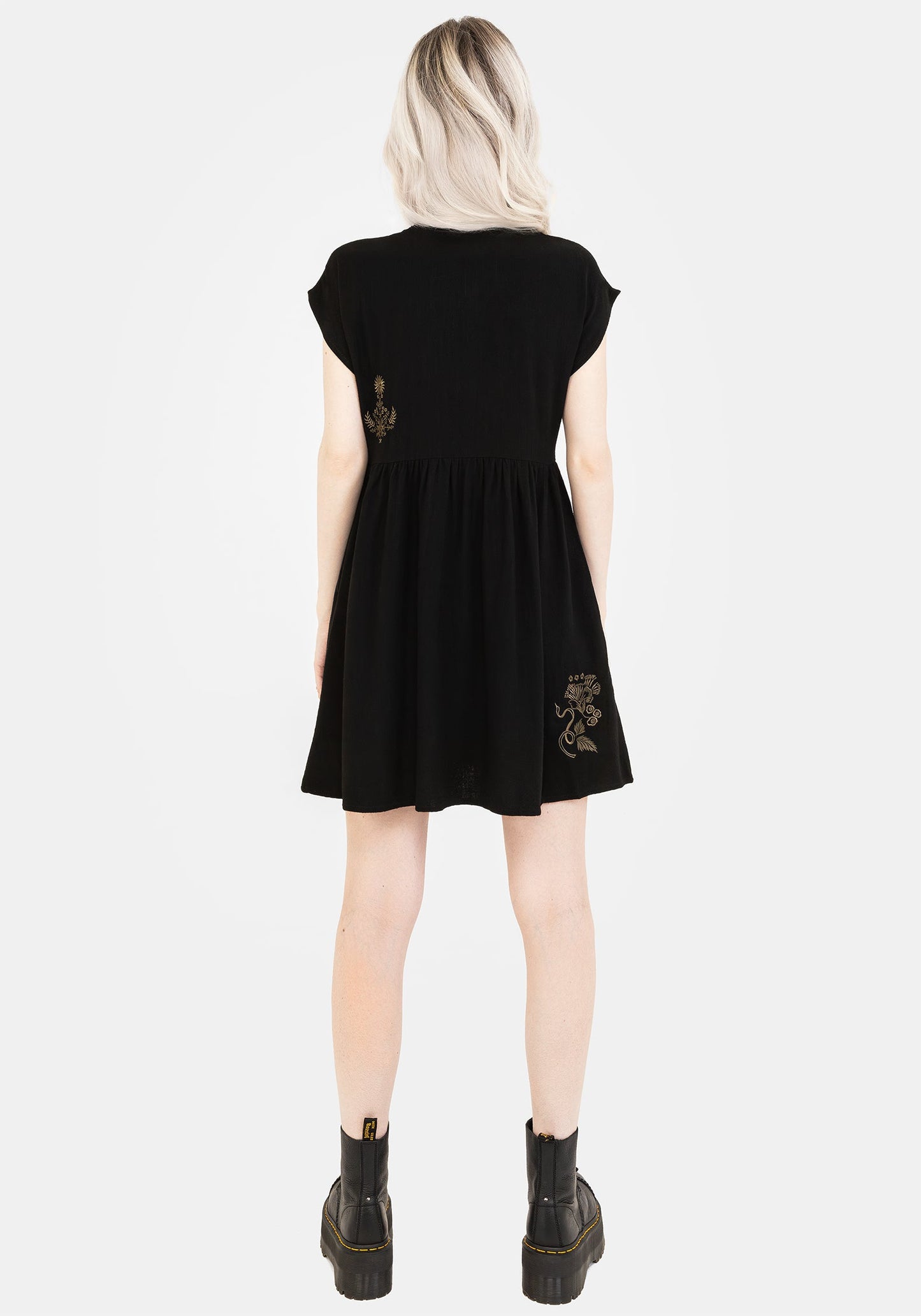 Foliate Linen-Blend Embroidered Button Up Mini Dress - Black