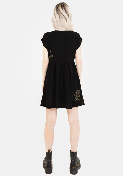 Foliate Linen-Blend Embroidered Button Up Mini Dress - Black