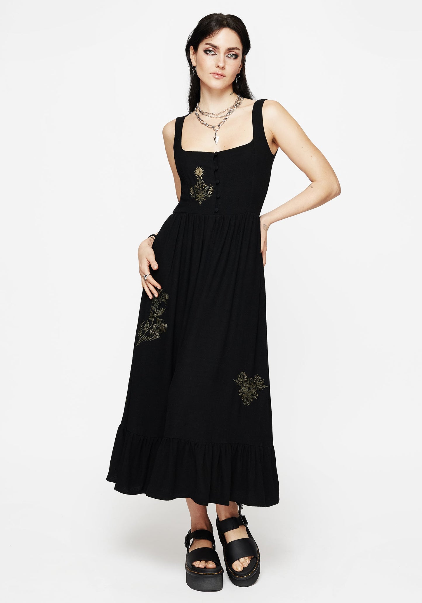 Foliate Linen-Blend Embroidered Sleeveless Midi Dress - Black