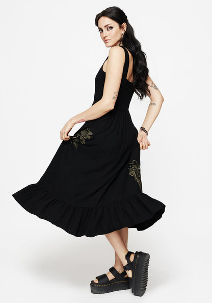 Foliate Linen-Blend Embroidered Sleeveless Midi Dress - Black