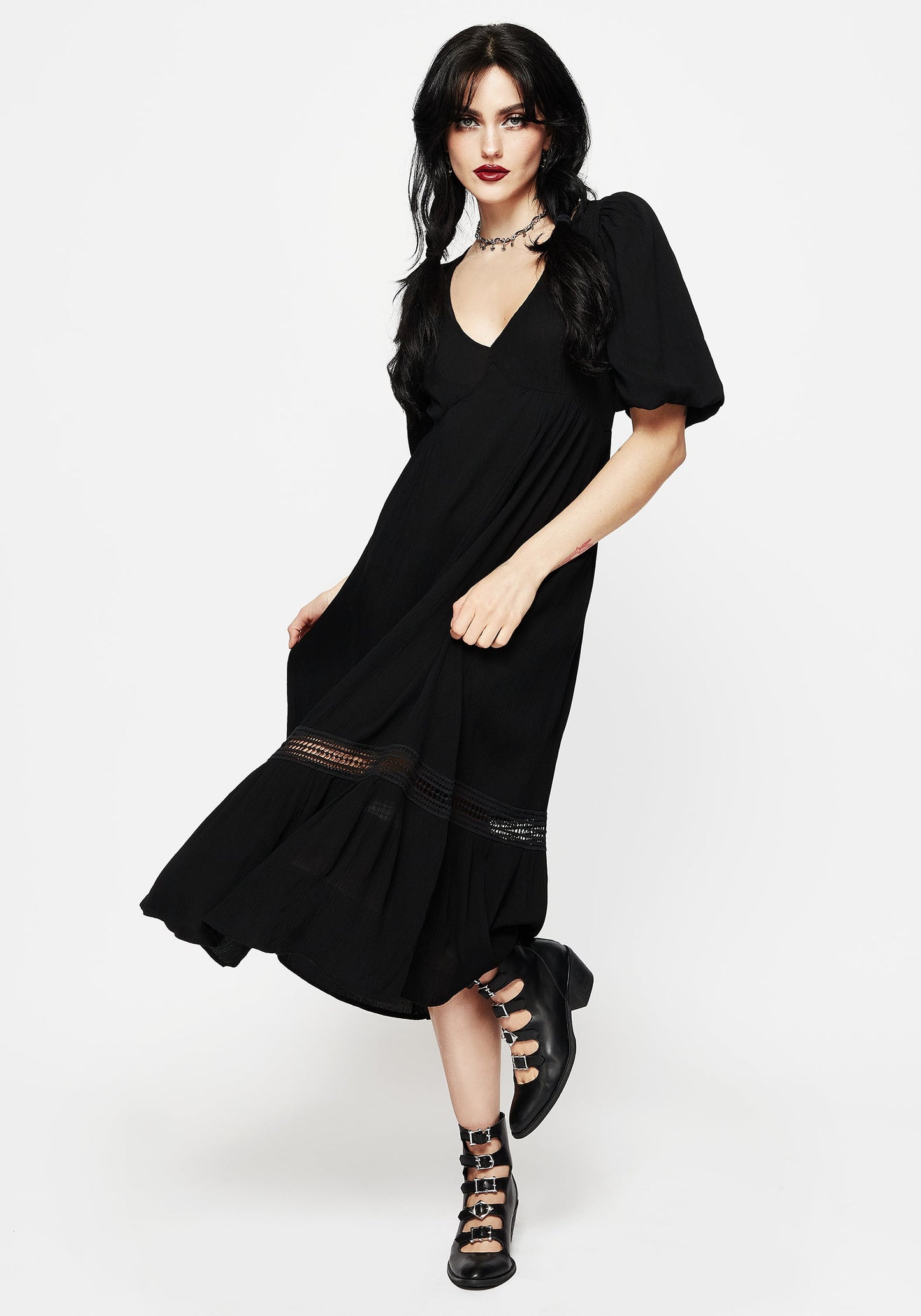 Mirage Lace Insert Puff Sleeve Maxi Dress