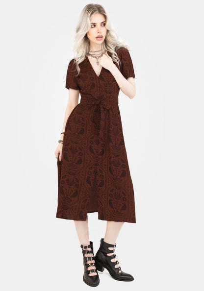 Annabel Raven Print Button Up Midi Dress - Rust