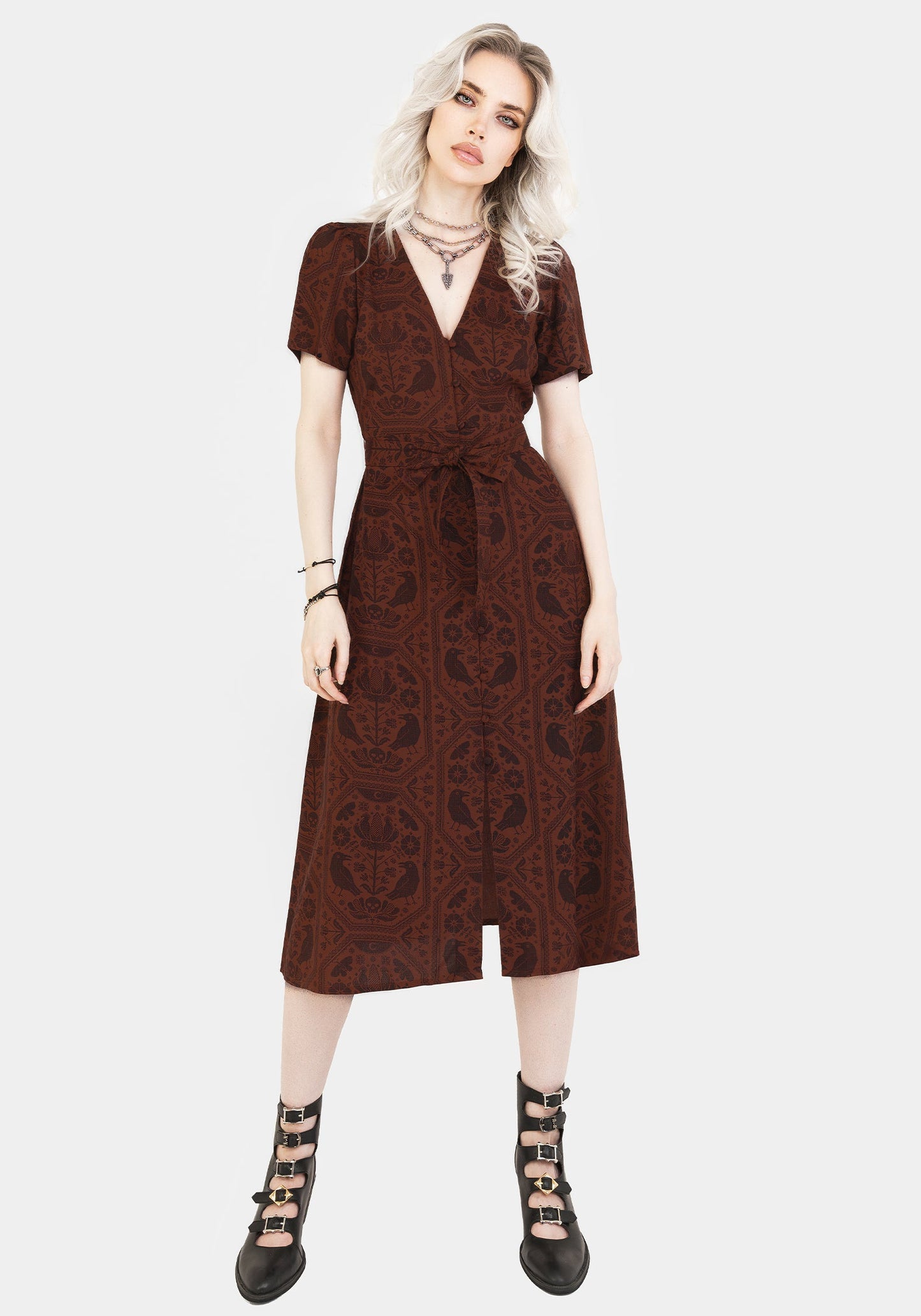 Annabel Raven Print Button Up Midi Dress - Rust