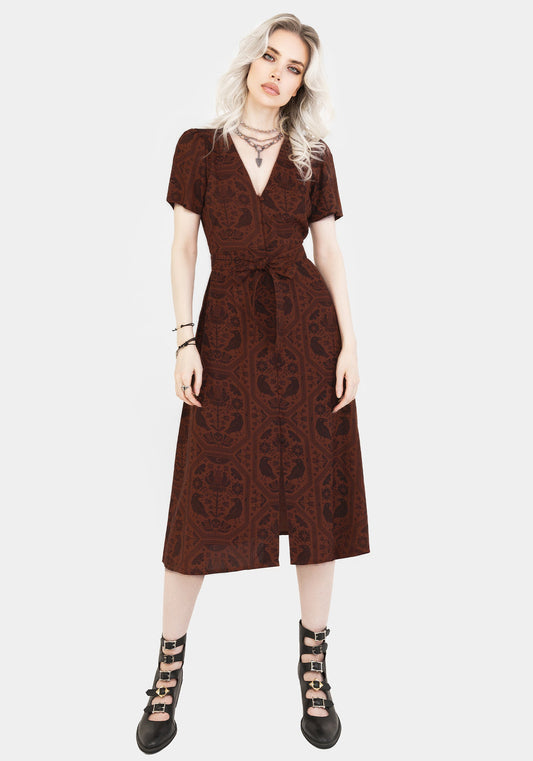 Annabel Raven Print Button Up Midi Dress - Rust