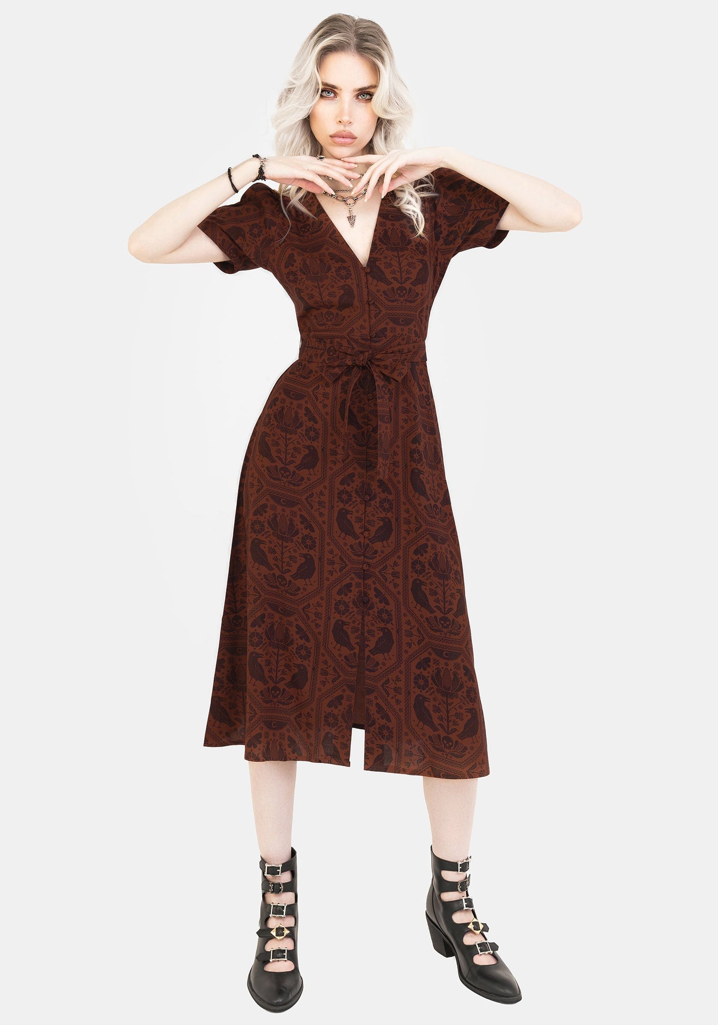 Annabel Raven Print Button Up Midi Dress - Rust