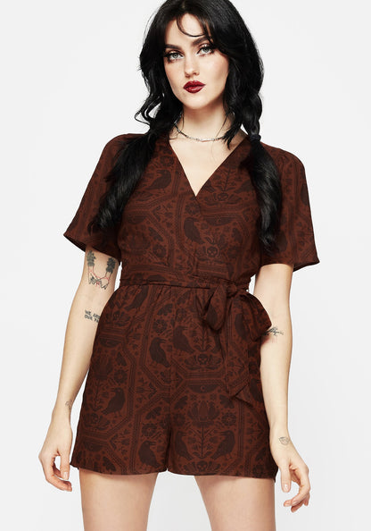 Annabel Raven Print Tie Waist Playsuit - Rust