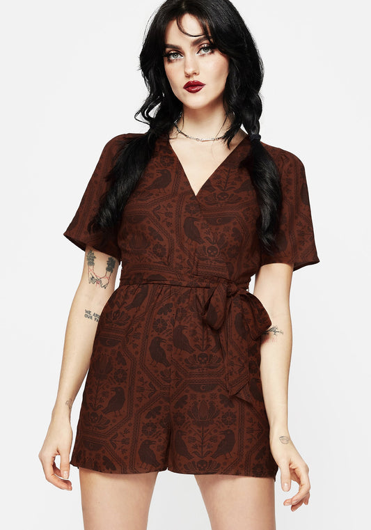 Annabel Raven Print Tie Waist Playsuit - Rust