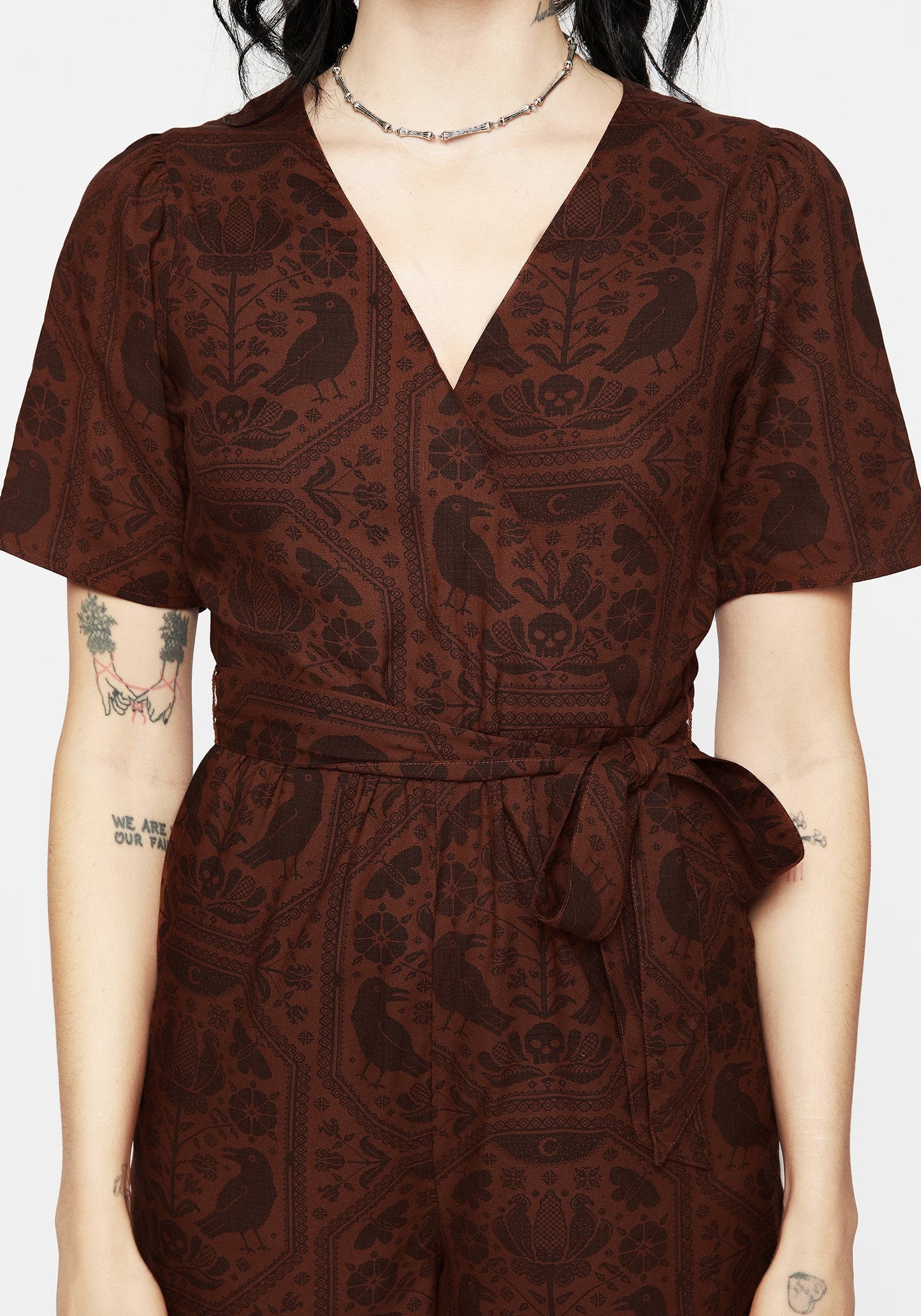 Annabel Raven Print Tie Waist Playsuit - Rust