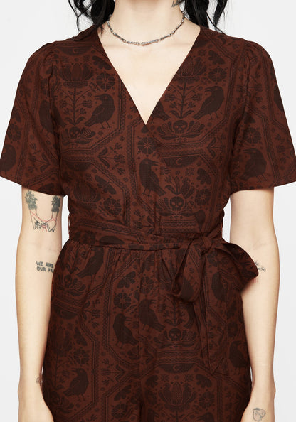 Annabel Raven Print Tie Waist Playsuit - Rust