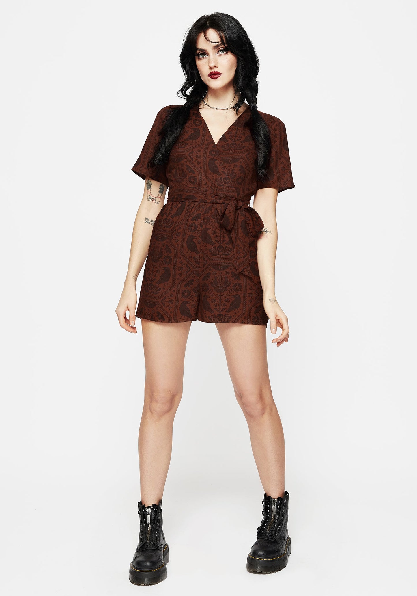 Annabel Raven Print Tie Waist Playsuit - Rust