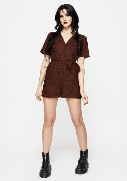 Annabel Raven Print Tie Waist Playsuit - Rust