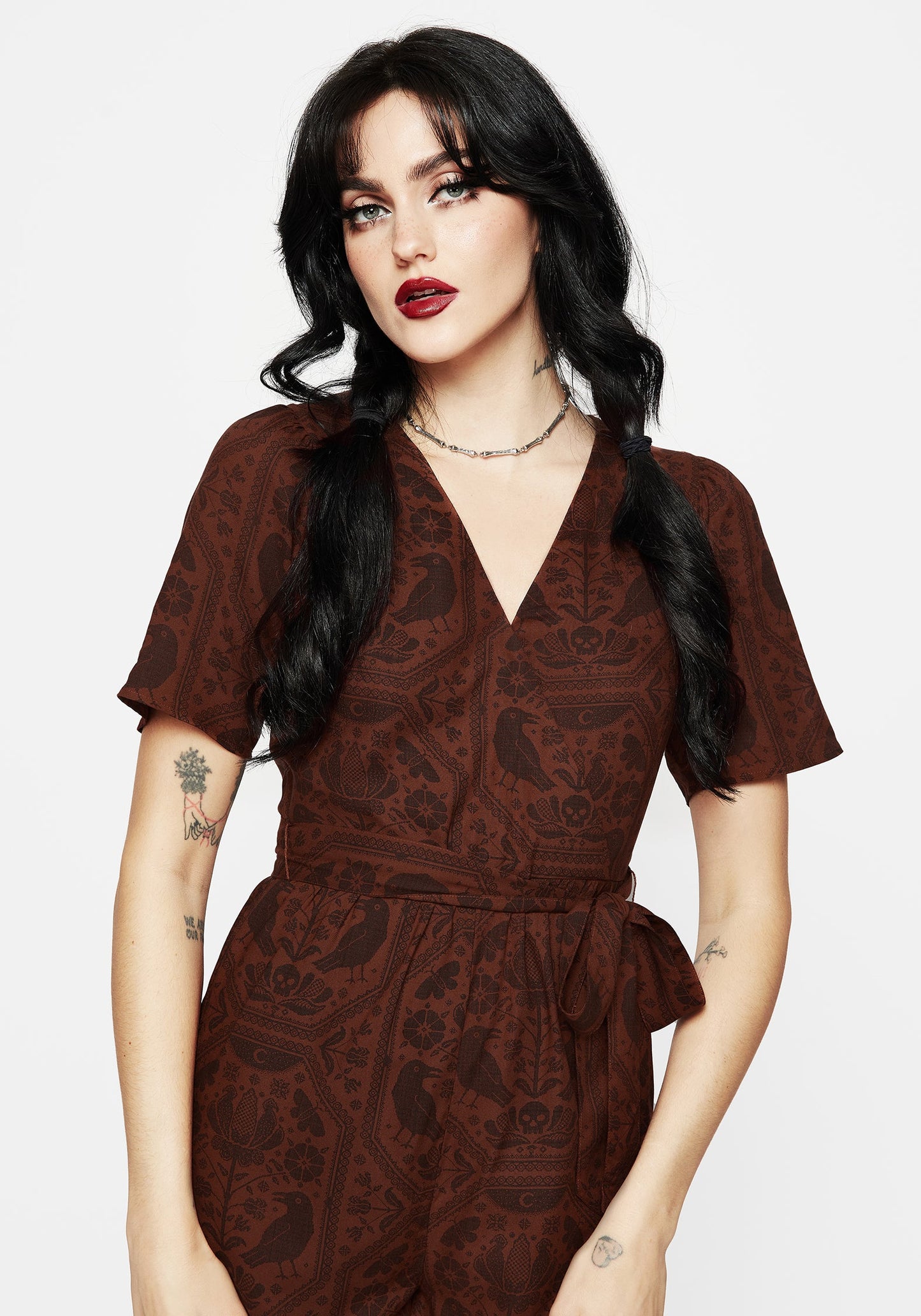 Annabel Raven Print Tie Waist Playsuit - Rust