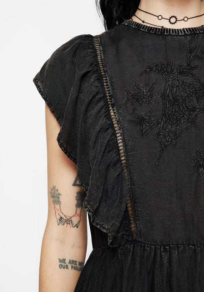 Eartha Cotton Embroidered Frill Detail Mini Dress