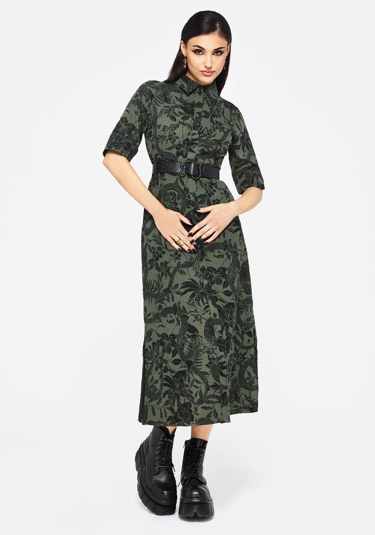 Bashe Cotton Midaxi Shirt Dress - Green